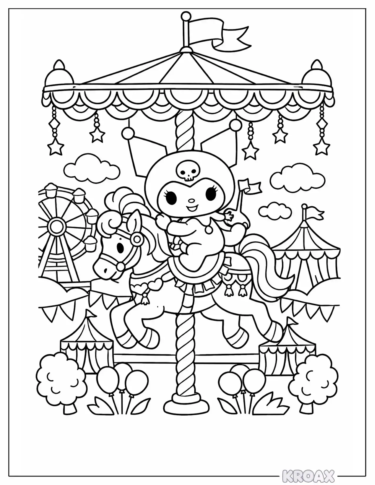 kuromi riding the carousel horse printable coloring page