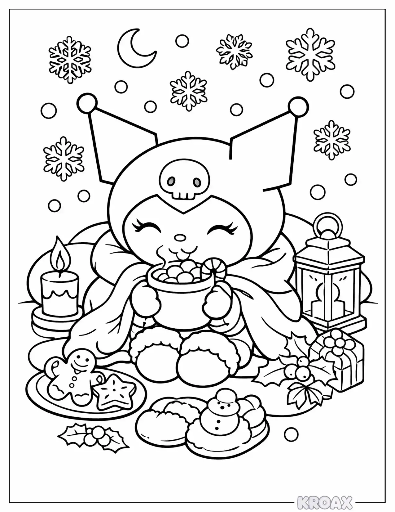 kuromi s cozy winter hot chocolate time printable coloring page