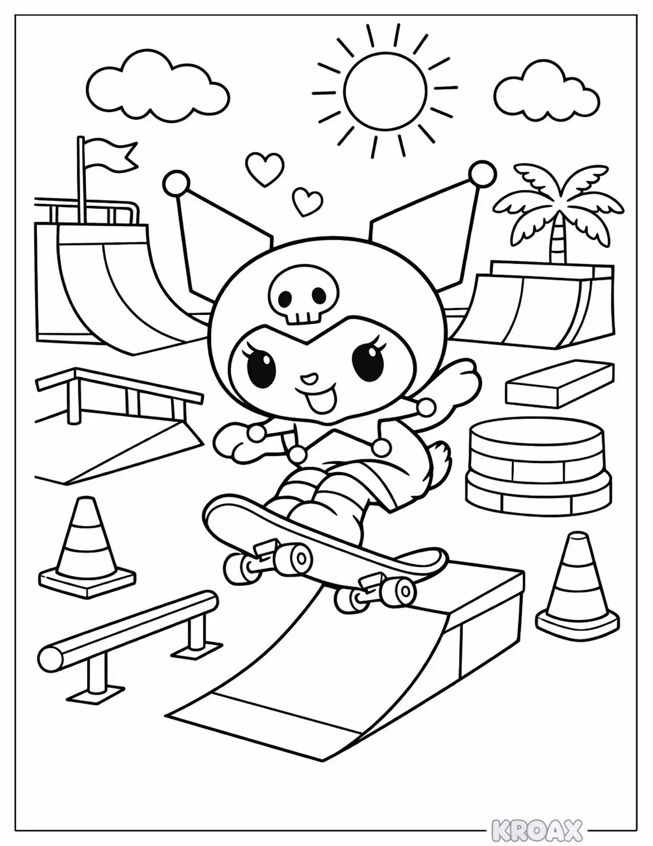 kuromi skateboard park challenge printable coloring page
