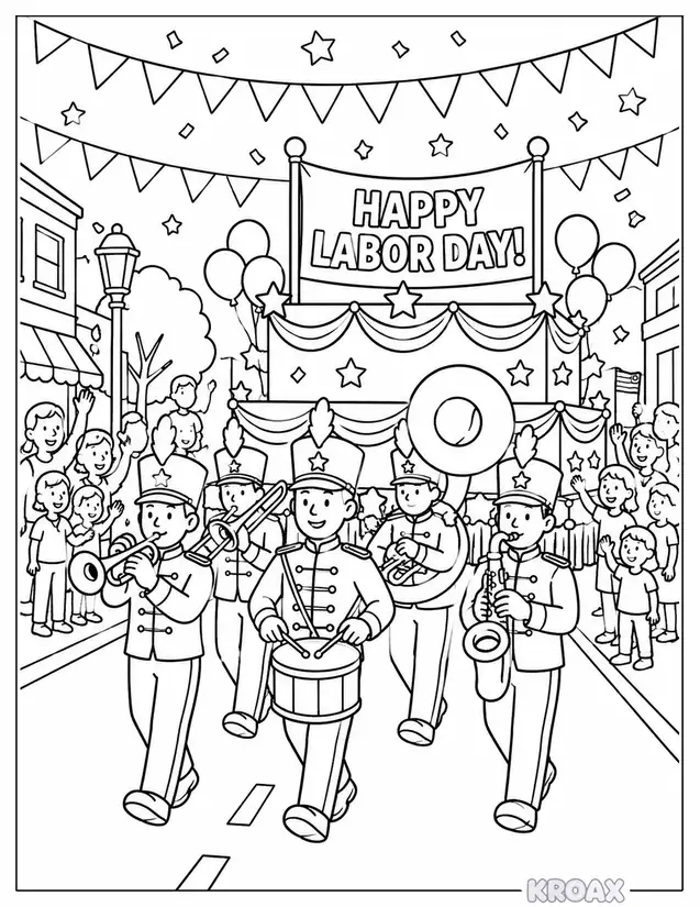 american parade with marching bands and floats printable coloring page
