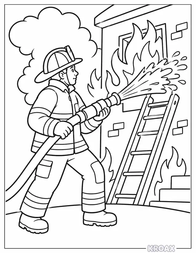 brave firefighter with ladder and hose printable coloring page
