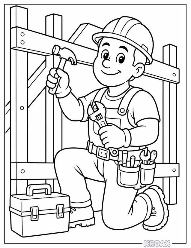 construction worker building with tools printable coloring page