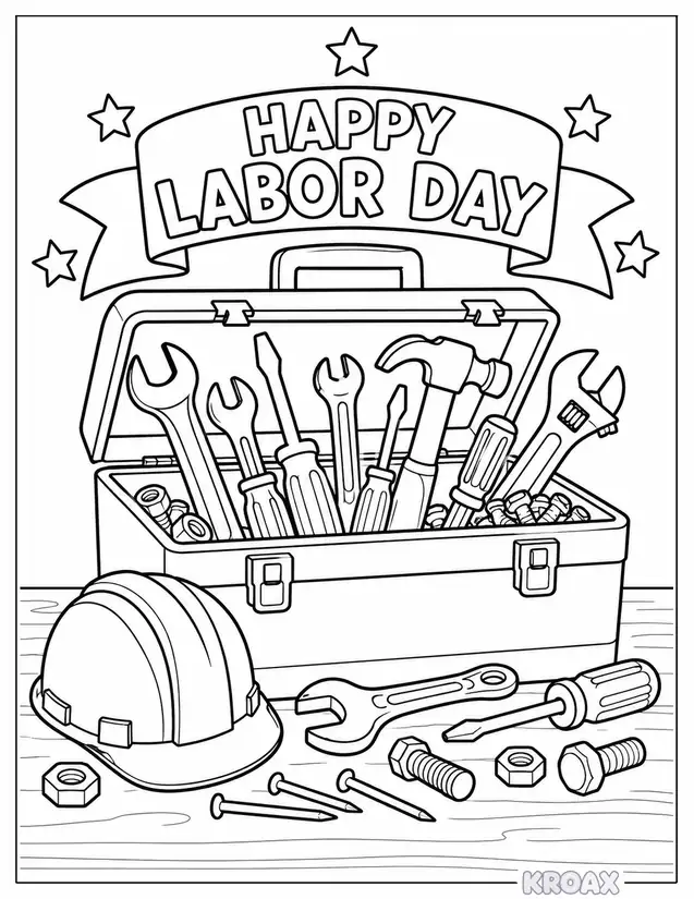 easy labor day toolbox scene printable coloring page