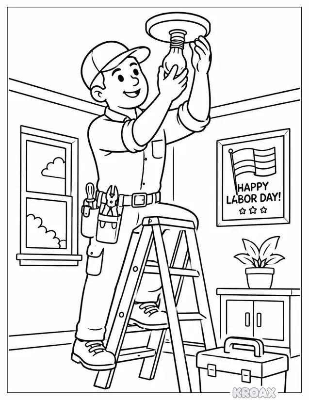 electrician installing lightbulb in home printable coloring page