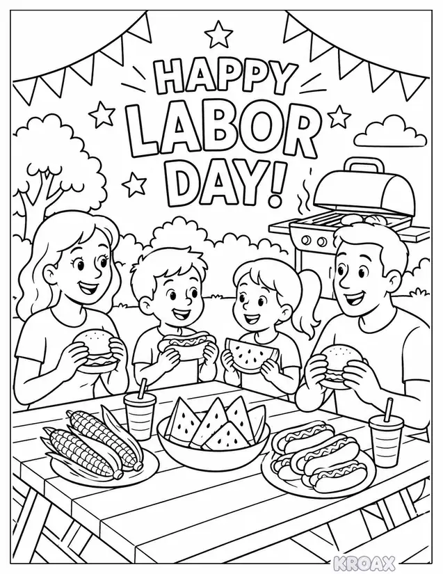 family barbecue gathering around table printable coloring page