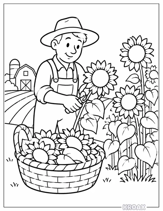 farmer harvesting sunflowers in field printable coloring page