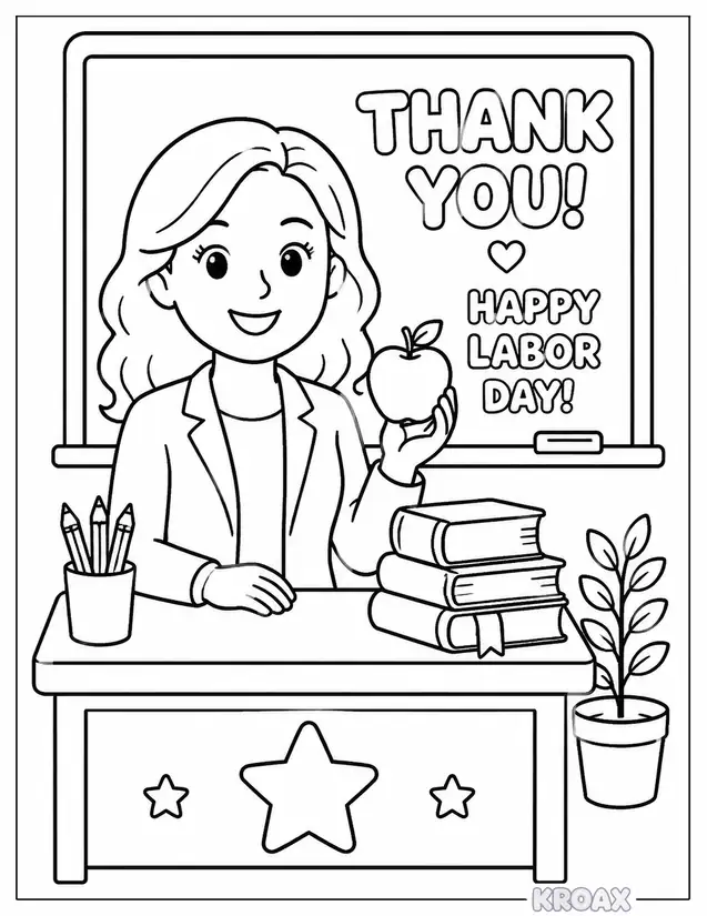 grateful teacher with apple and books printable coloring page