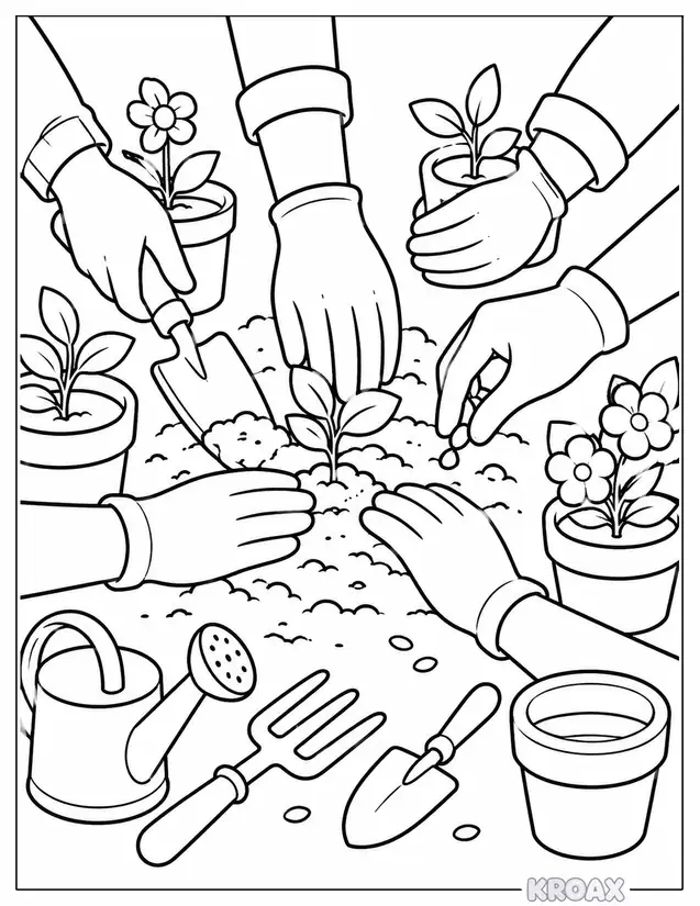 hardworking hands planting seeds together printable coloring page