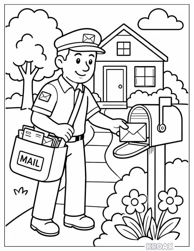 mail carrier delivering letters to printable coloring page