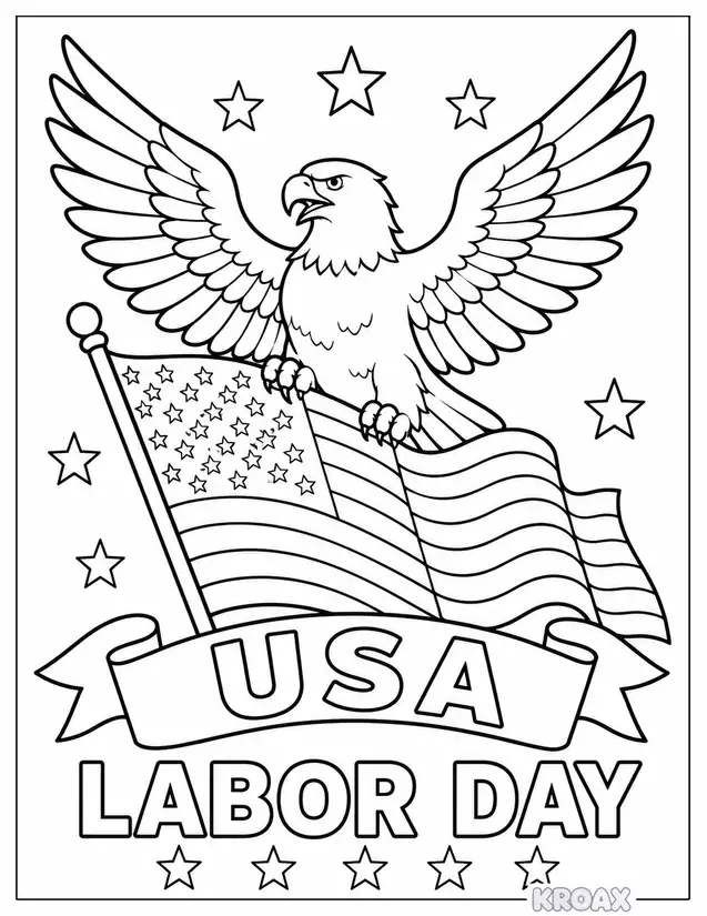 patriotic bald eagle with flag banner printable coloring page
