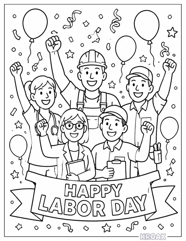workers celebrating with balloons and confetti printable coloring page