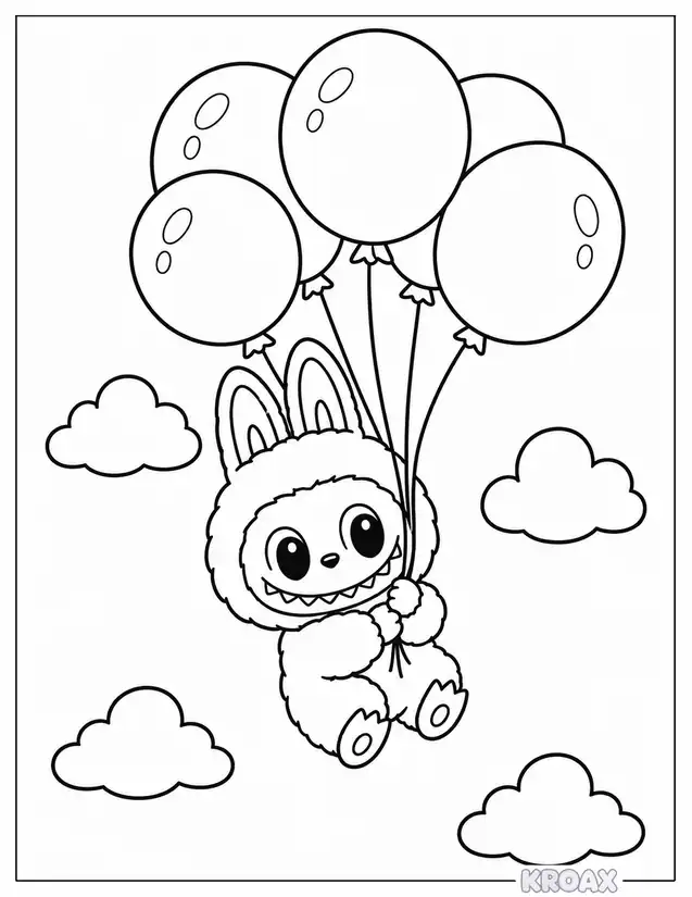baby labubu with balloons printable coloring page