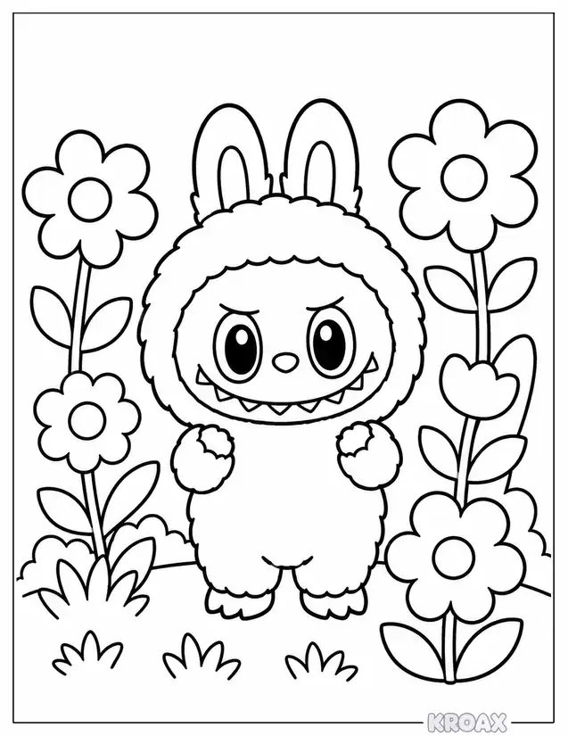 chibi labubu in flower garden printable coloring page