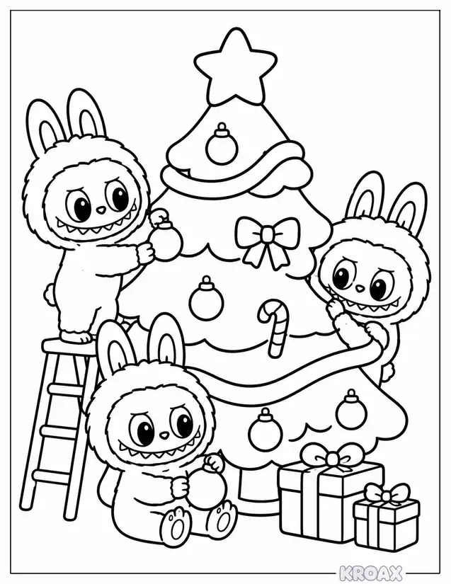 christmas labubu holiday scene printable coloring page