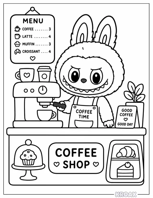 labubu behind coffee shop counter printable coloring page