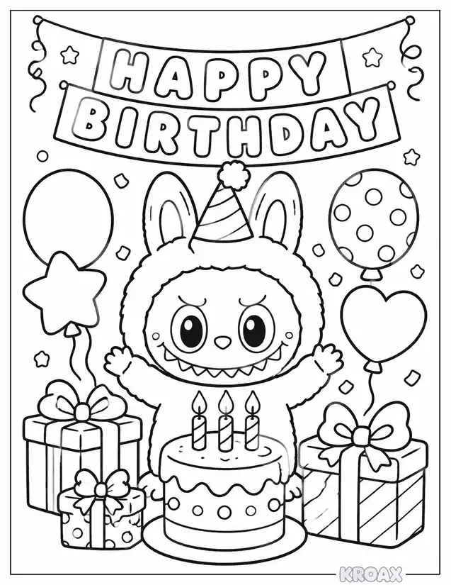 labubu birthday party celebration printable coloring page