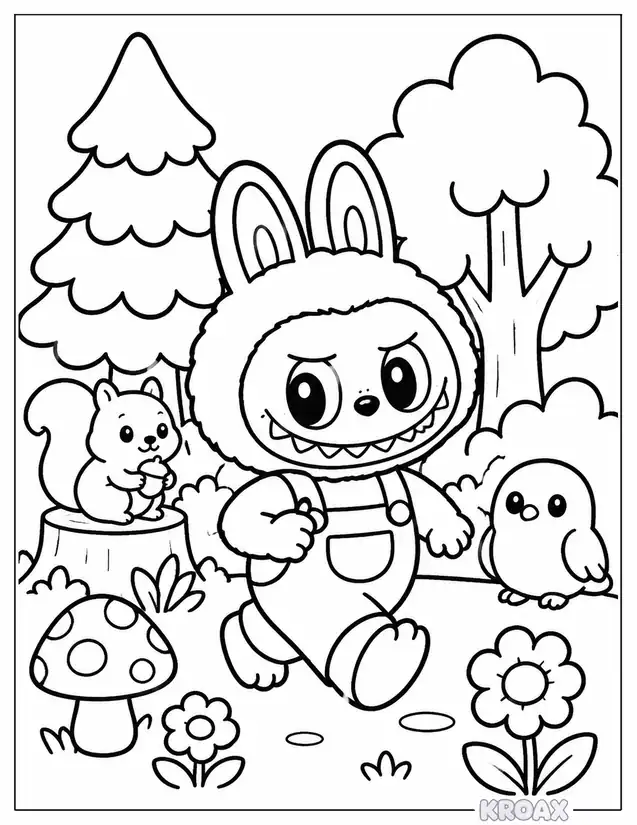 labubu exploring magical forest printable coloring page