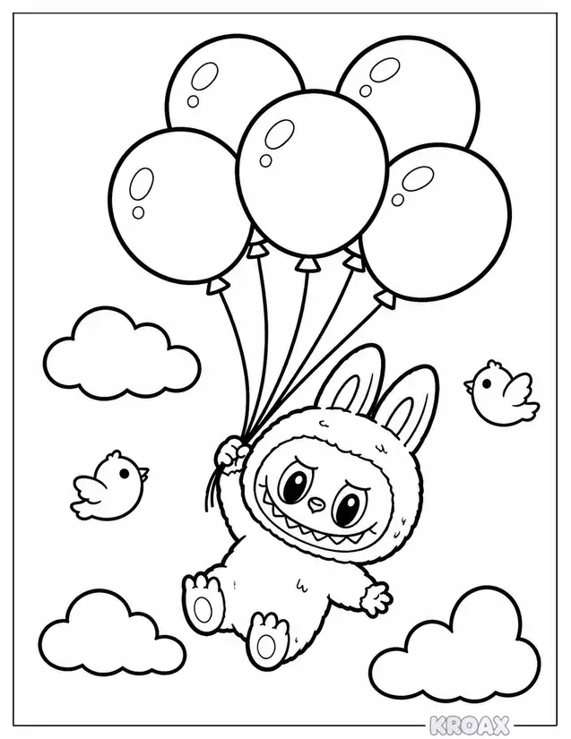 labubu flying with colorful balloons printable coloring page