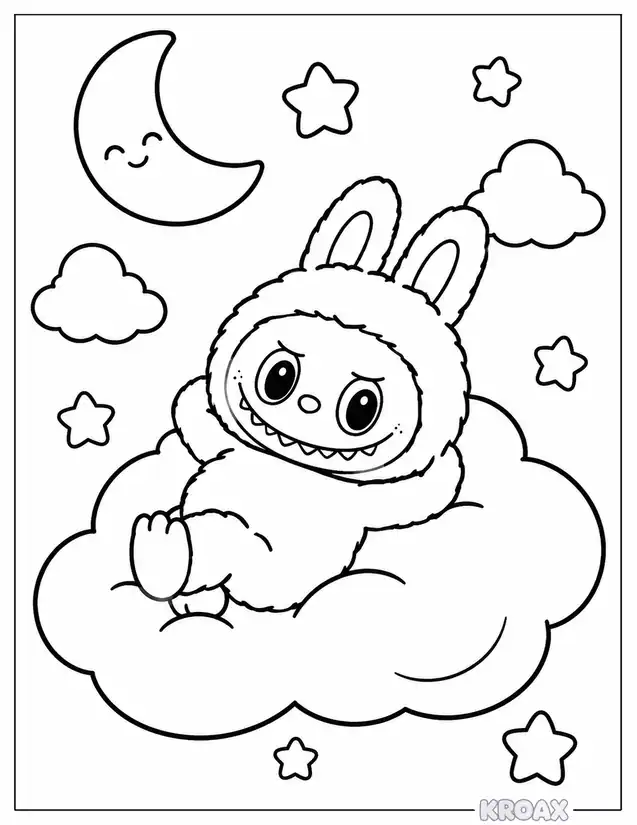 labubu lounging on cloud nine printable coloring page