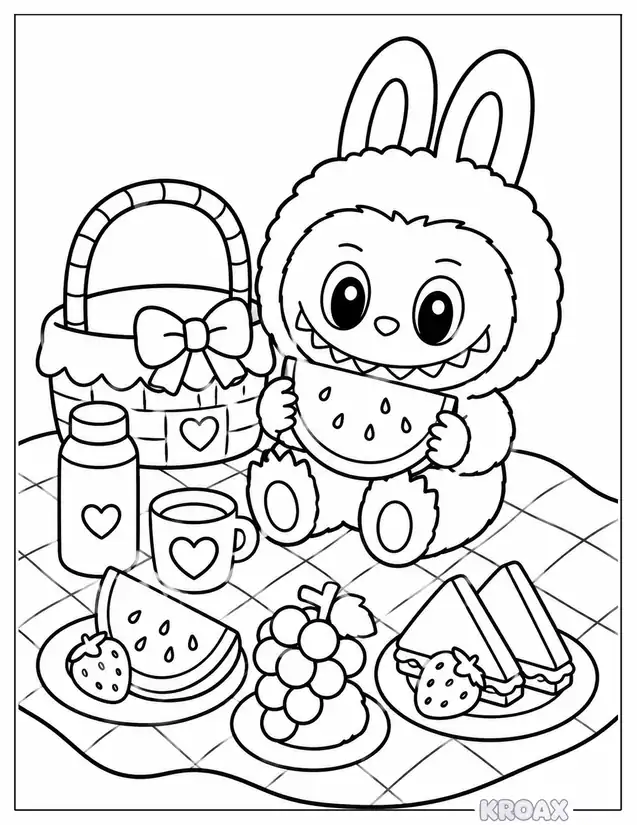 labubu picnic with fruit snacks printable coloring page