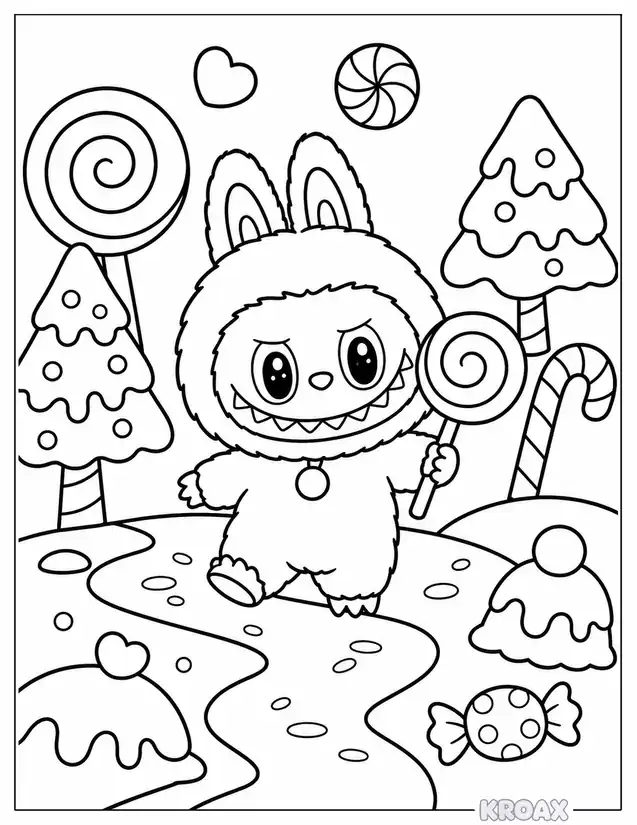 labubu playing in candy land printable coloring page