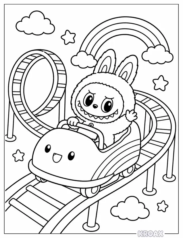 labubu riding rainbow roller coaster printable coloring page