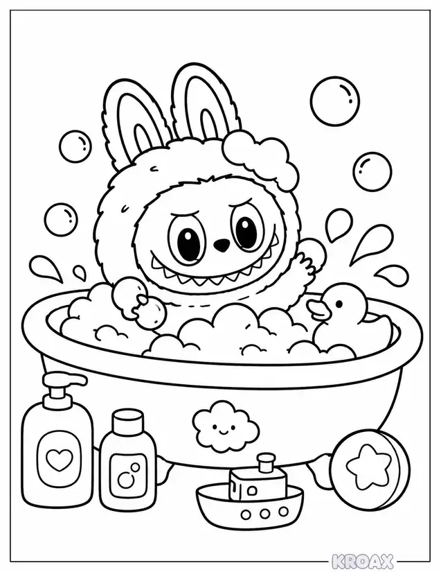 labubu splashing in bubble bath printable coloring page