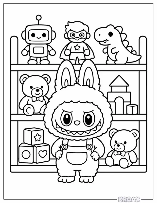 labubu surrounded by toy collection shelf printable coloring page