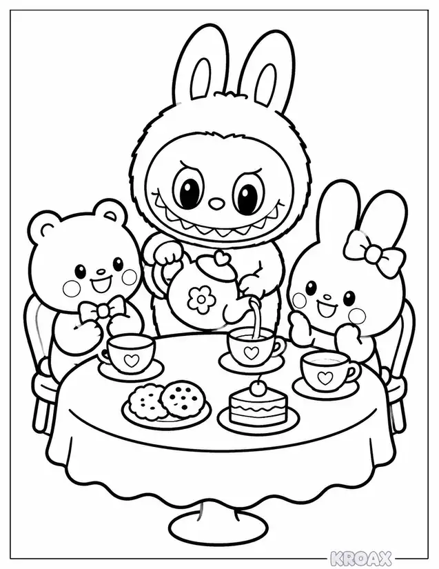 labubu tea time with friends printable coloring page
