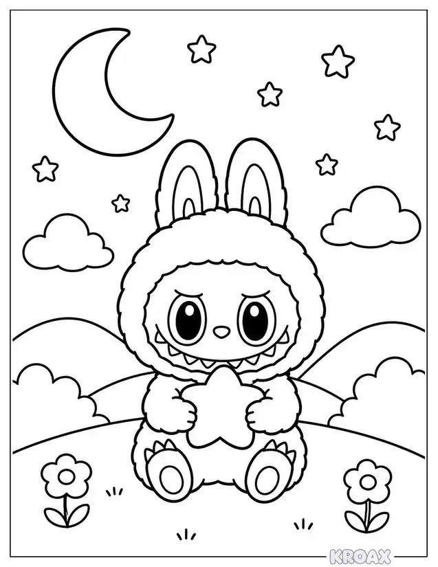 labubu under starry night sky printable coloring page
