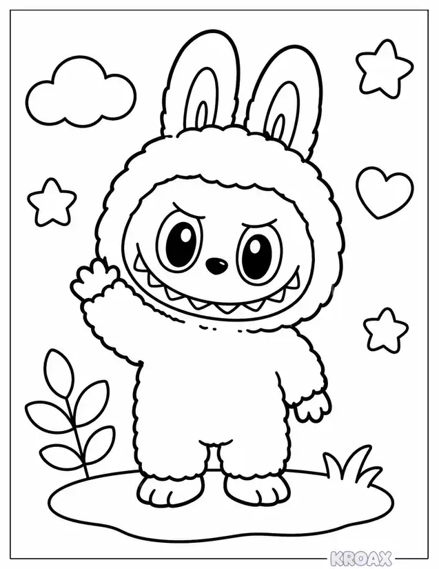 labubu waving hello with joy printable coloring page