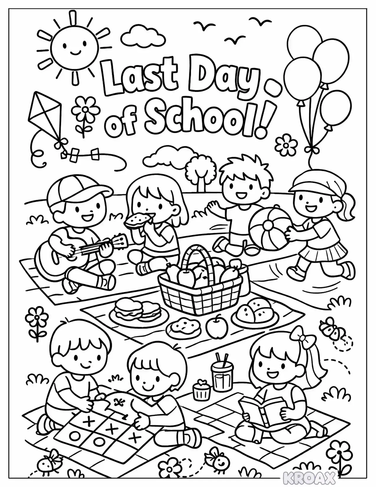 end of year picnic with friends and games printable coloring page
