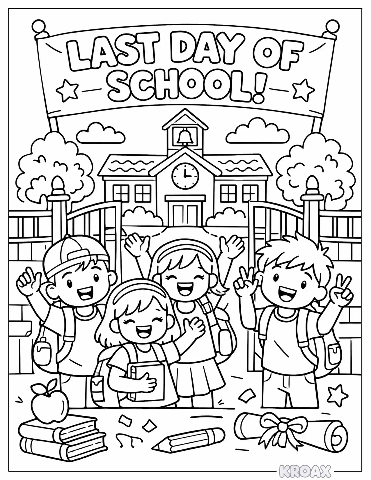 friends cheering at the school gate printable coloring page