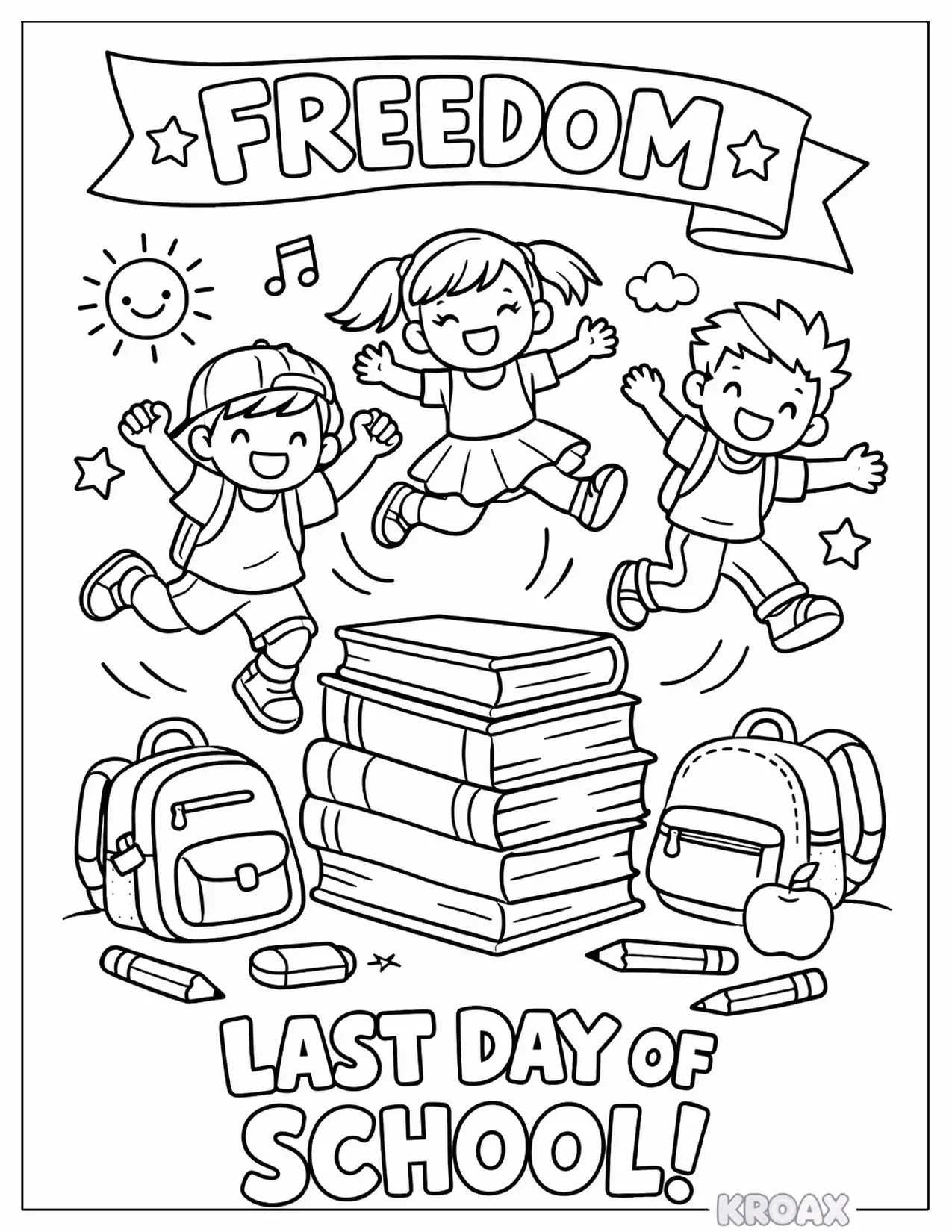 happy students jumping over books printable coloring page