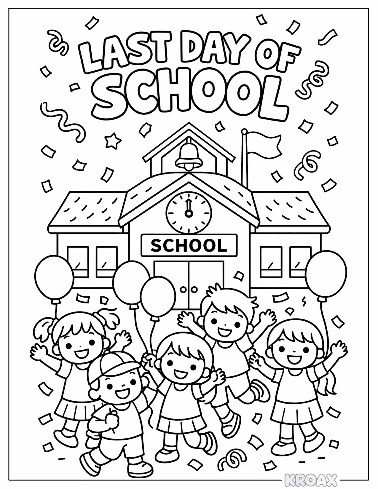 last day of school celebration with balloons and confetti printable coloring page