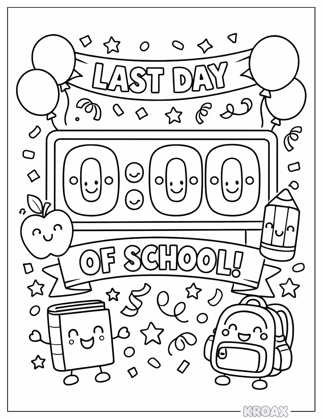 last day of school countdown clock with happy faces printable coloring page
