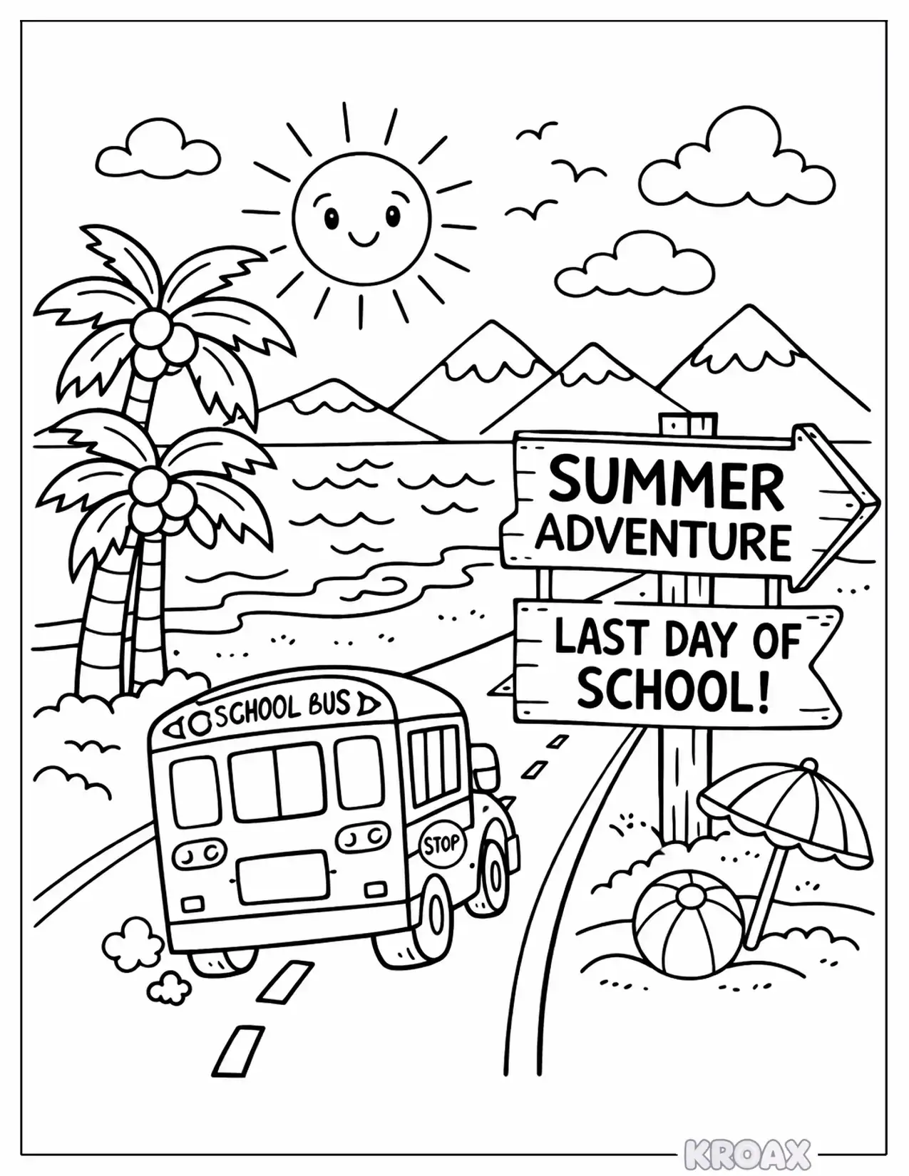 school bus driving into summer adventure printable coloring page