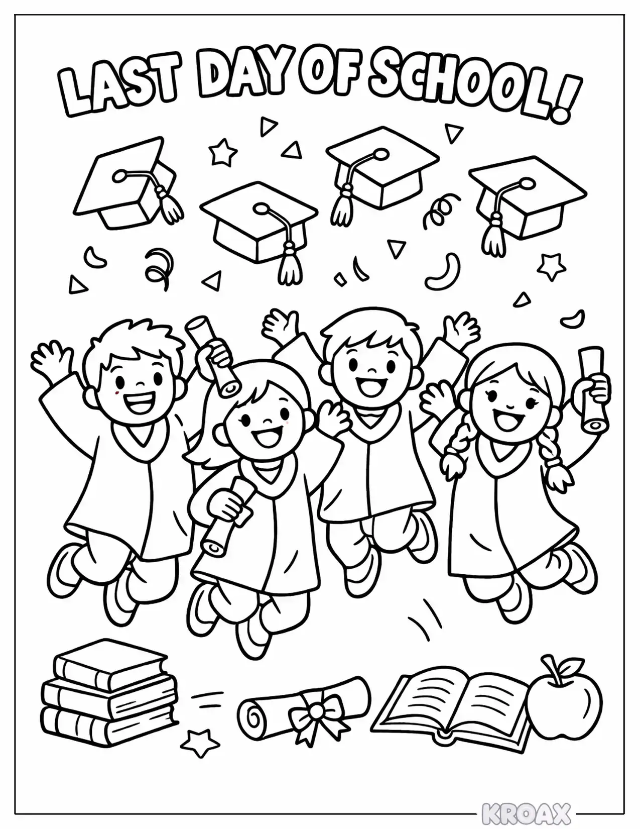 students tossing graduation caps in the air printable coloring page