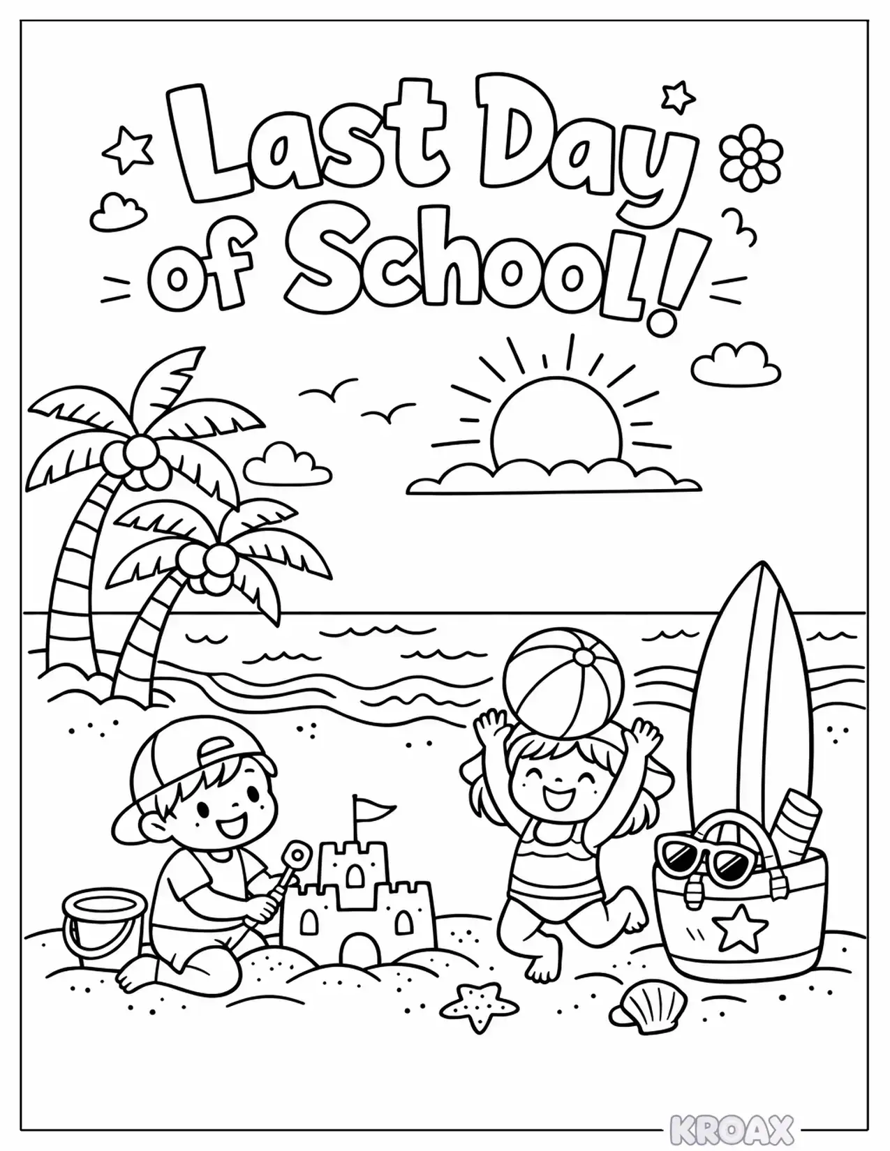 summer adventure begins landscape illustration printable coloring page