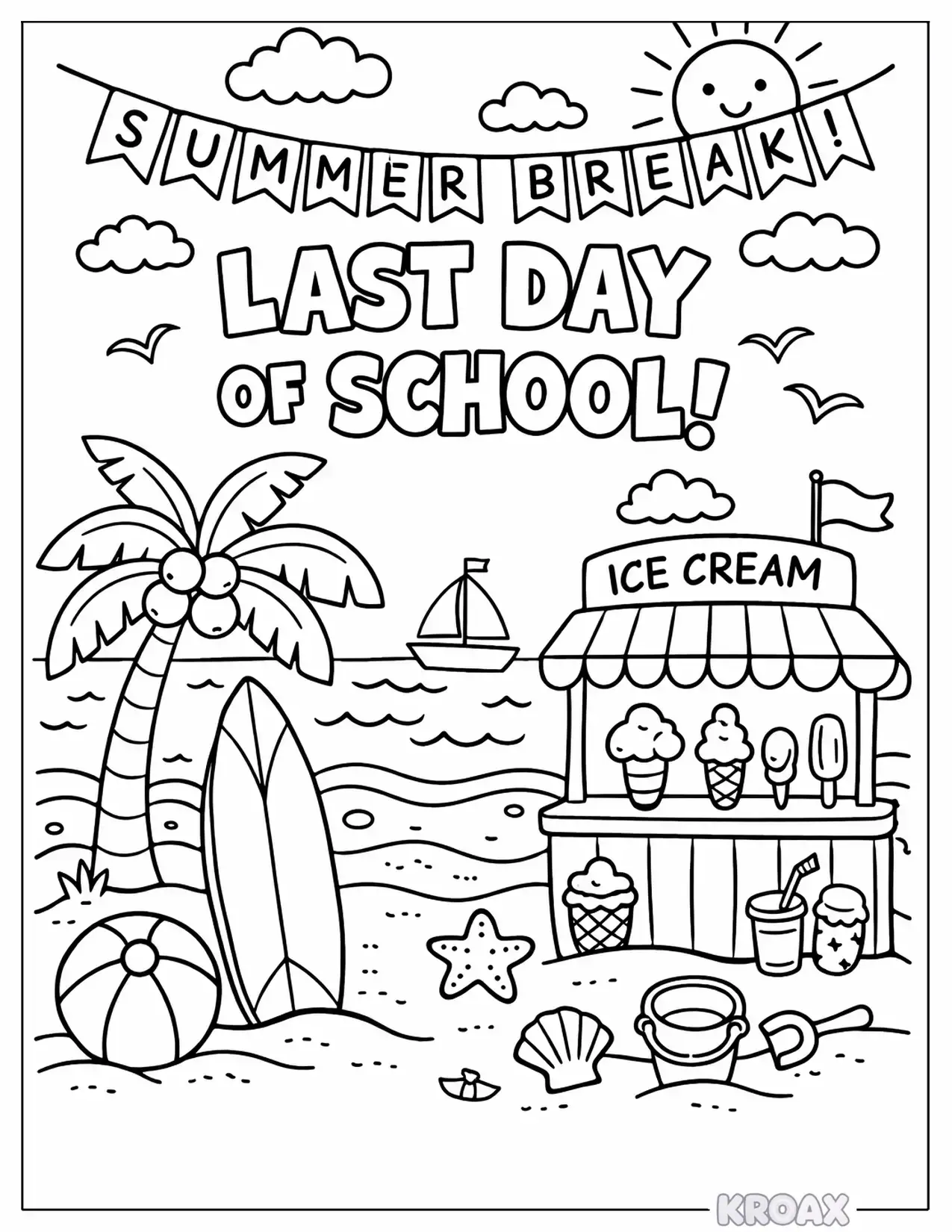 summer break begins adventure scene printable coloring page