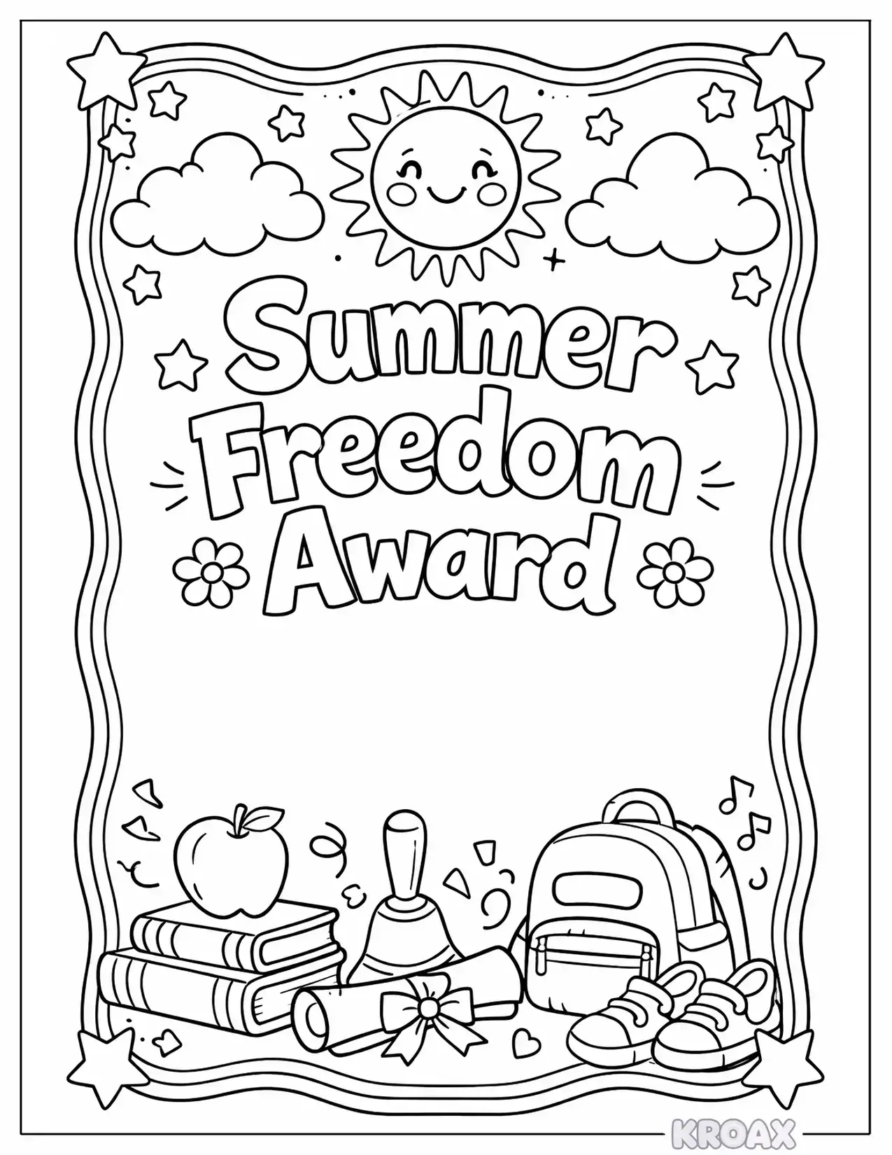 summer freedom certificate with stars and sunshine printable coloring page
