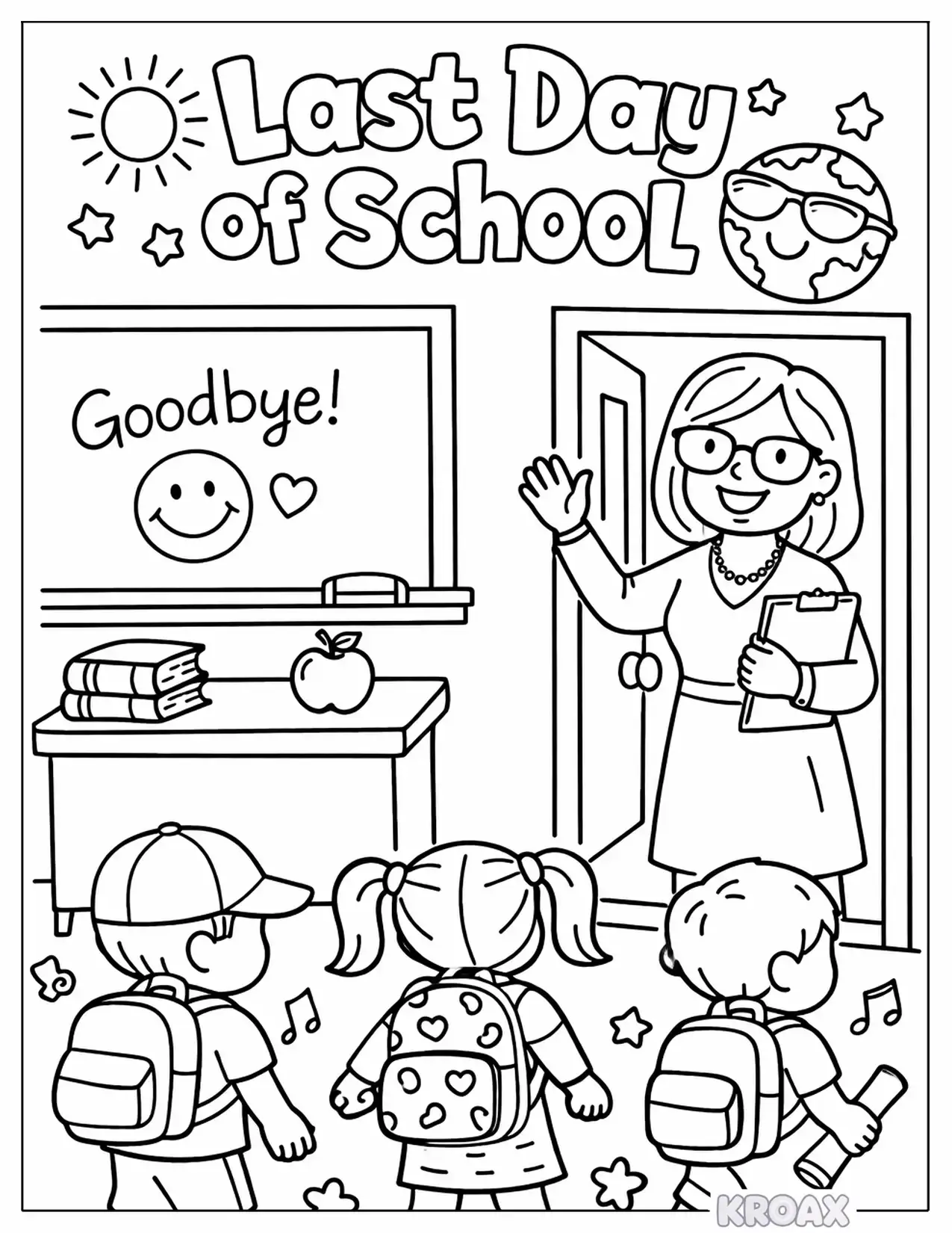teacher waving goodbye at classroom door printable coloring page