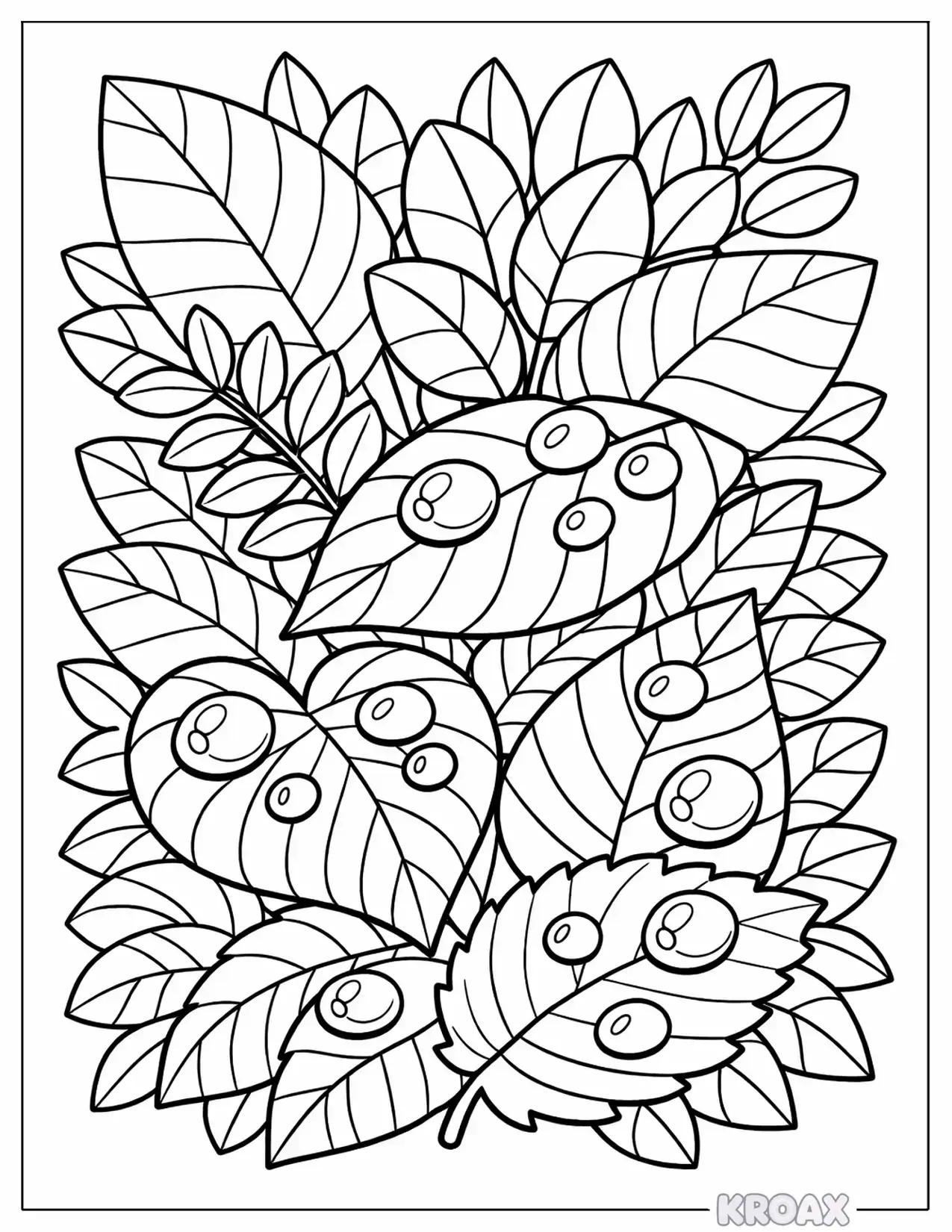layered leaves and dewdrop scene printable coloring page