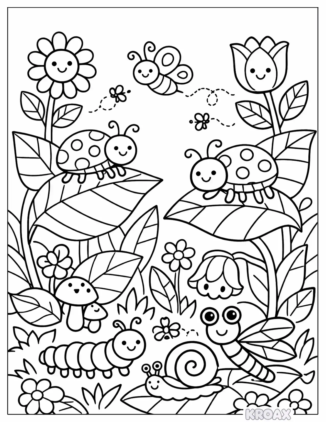 leafy garden friends with ladybugs printable coloring page