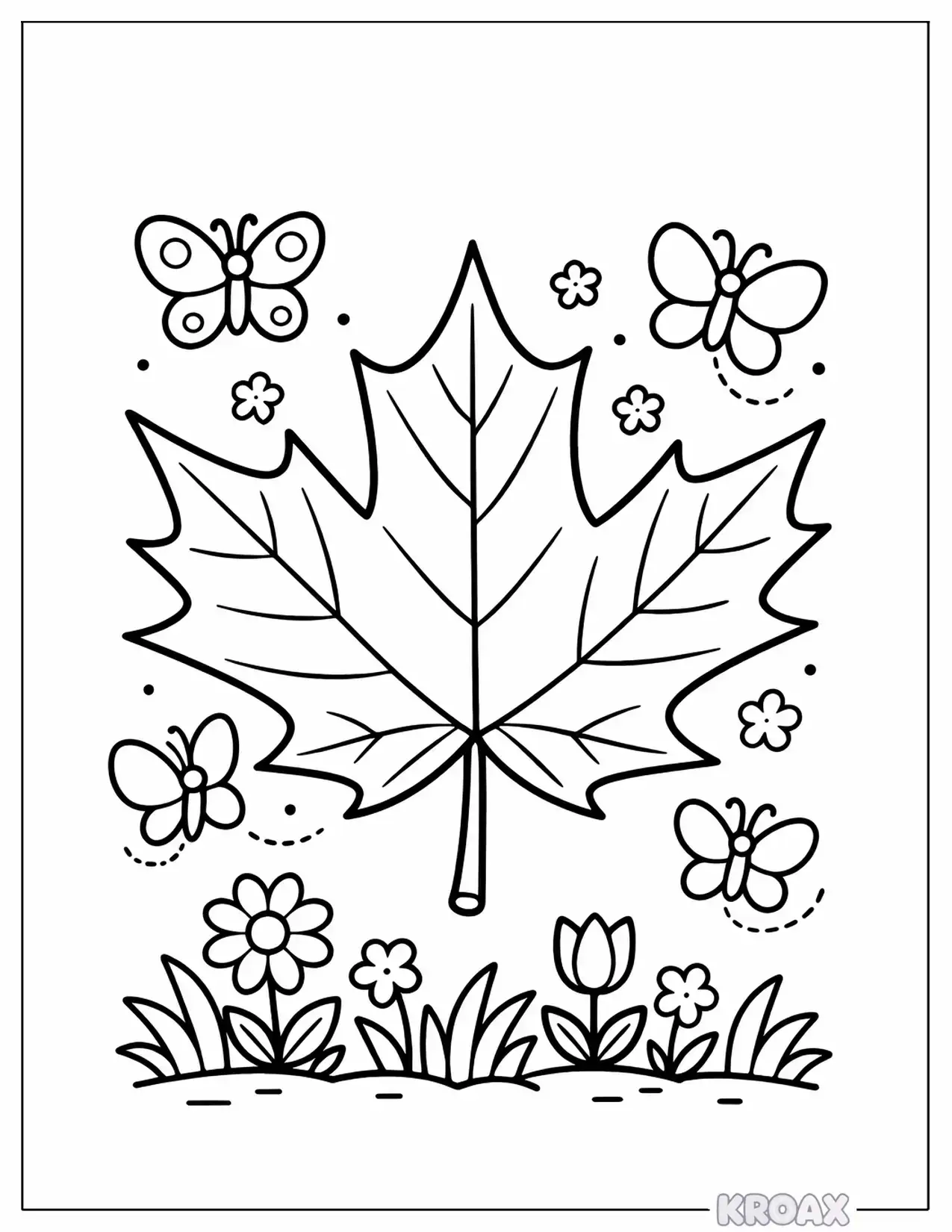 maple leaf with dancing butterflies printable coloring page