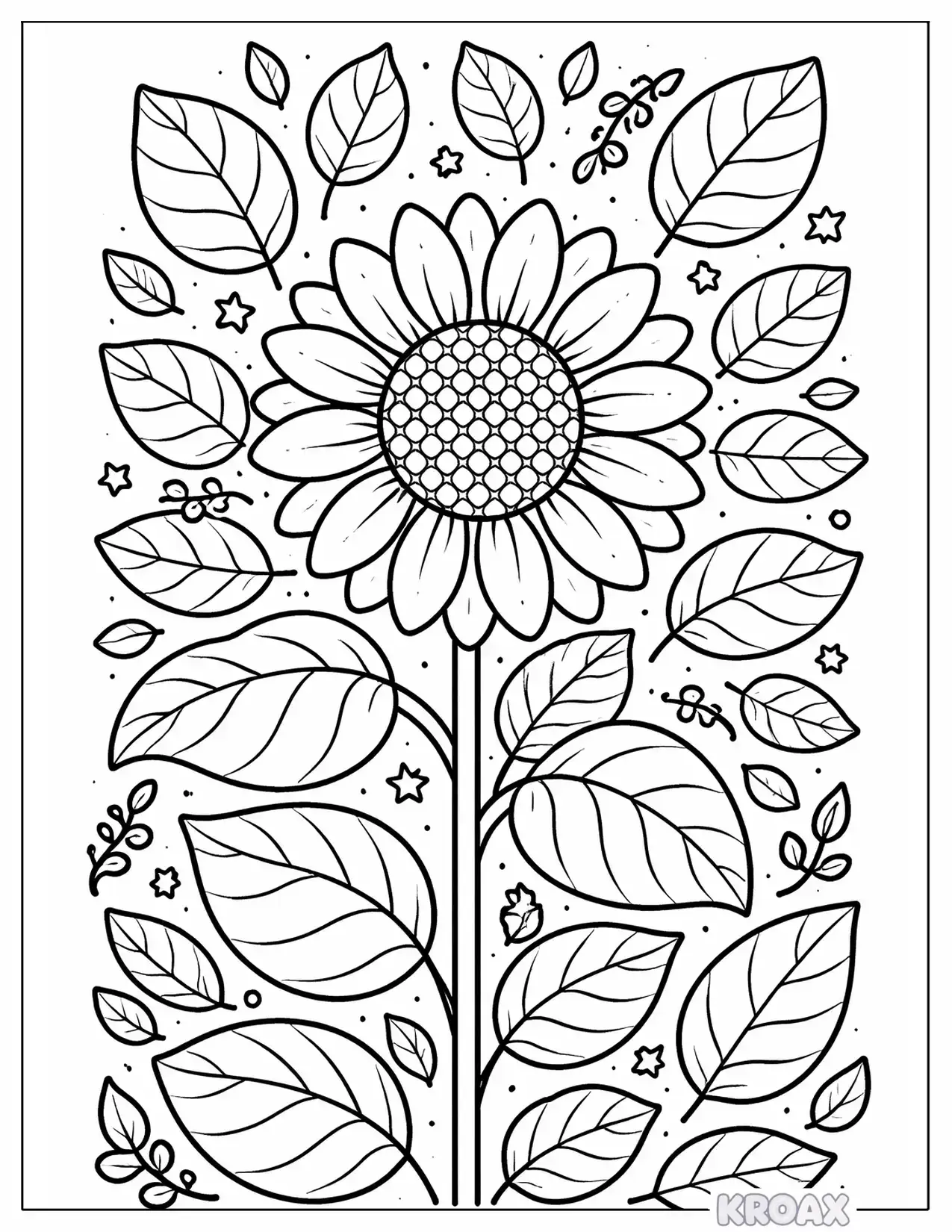 sunflower surrounded by dancing leaves printable coloring page