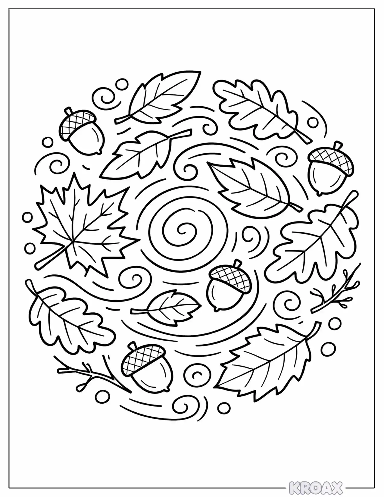 swirling autumn leaves with acorns printable coloring page