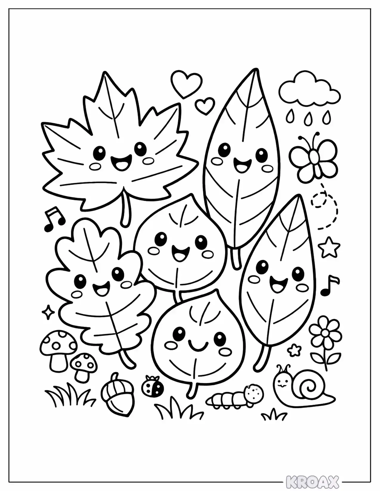 whimsical leaf friends with faces printable coloring page
