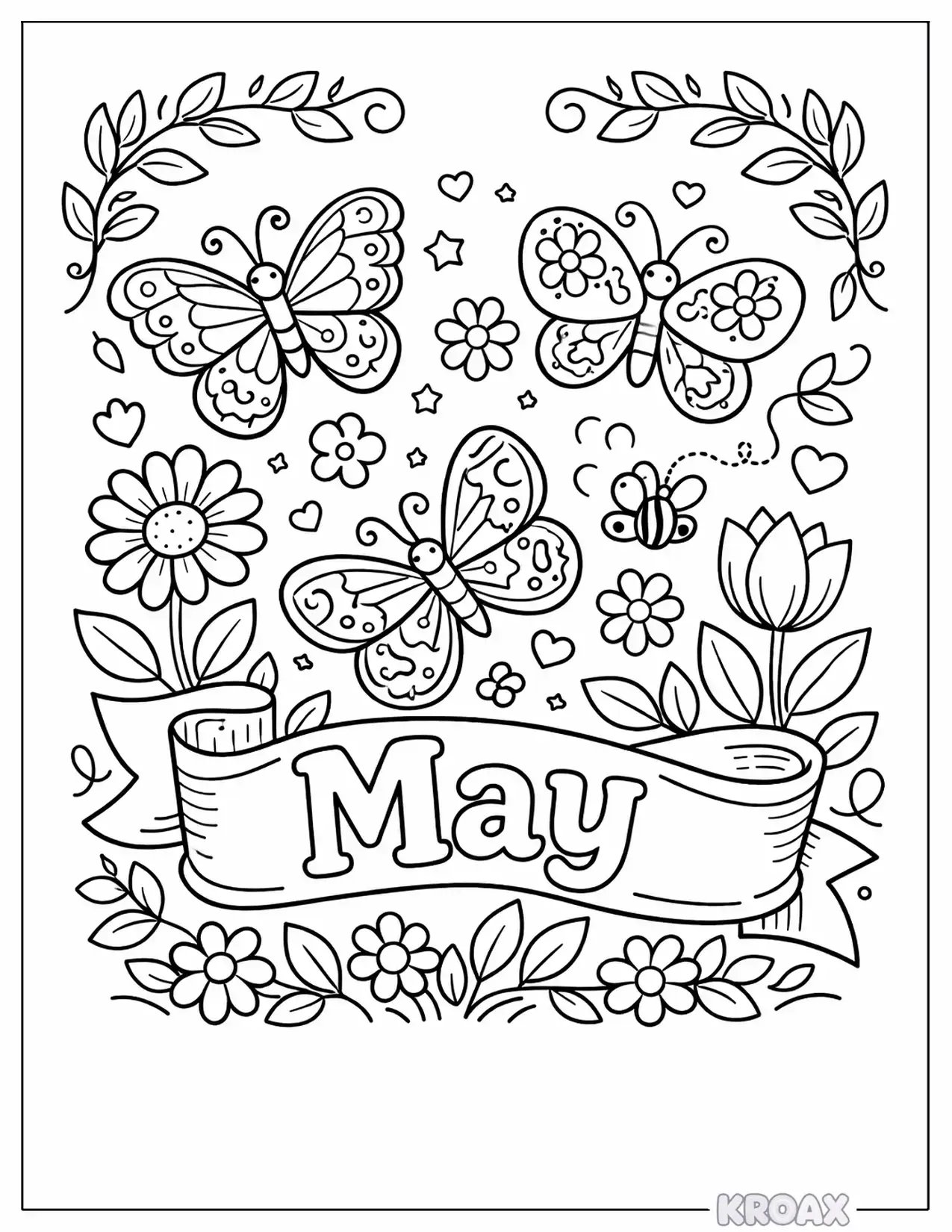 cute may butterfly and flower banner printable coloring page