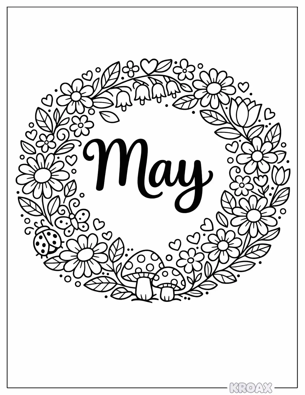 floral wreath circle design for may printable coloring page
